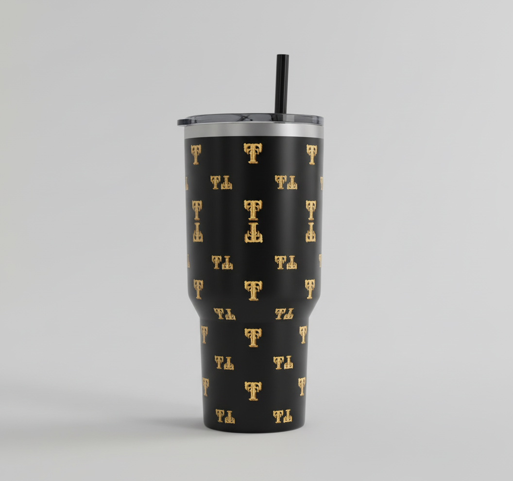 Black cup with multiple TT logos
