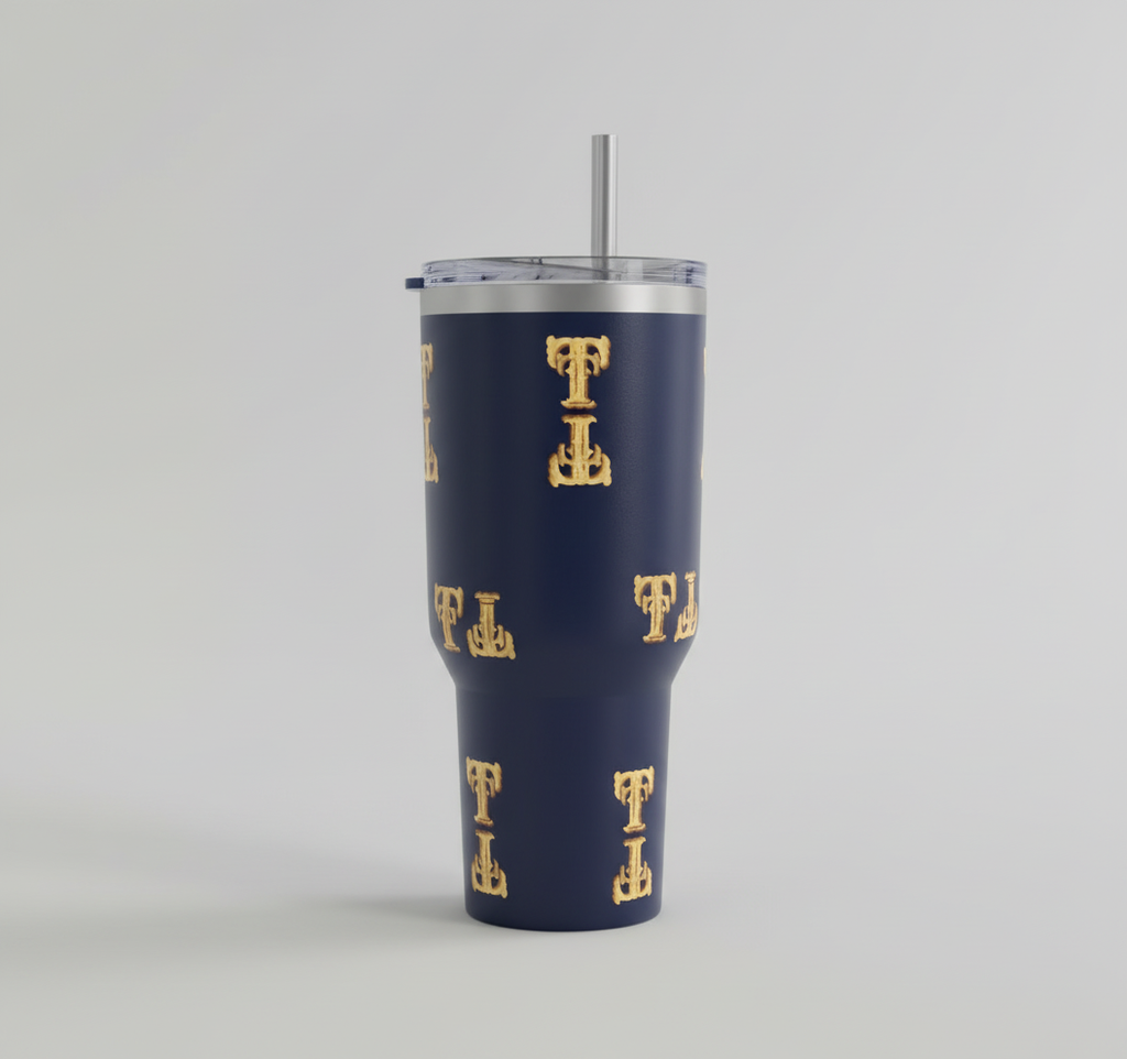 Navy blue cup with diagonal TT logos