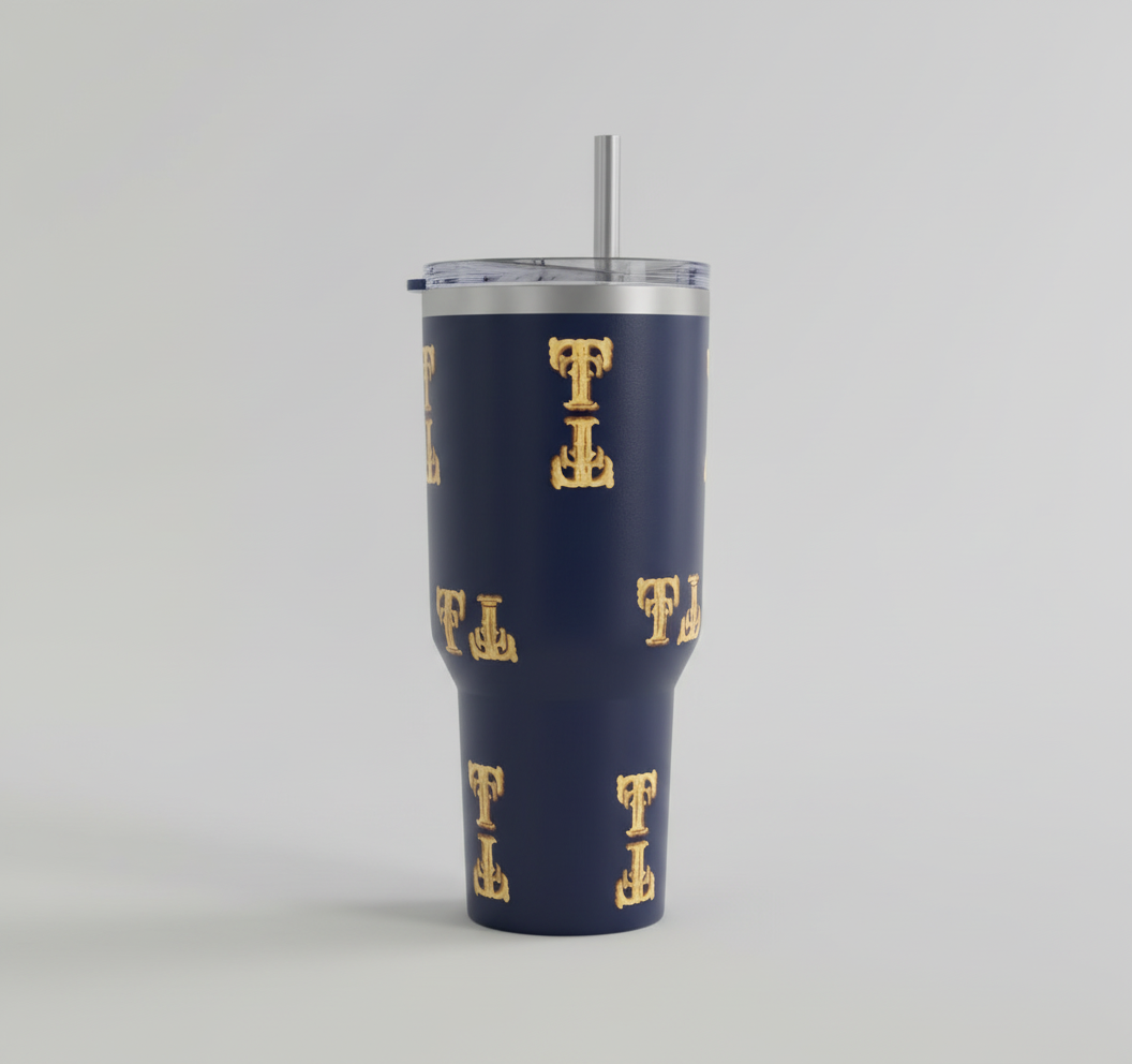 Navy blue cup with diagonal TT logos